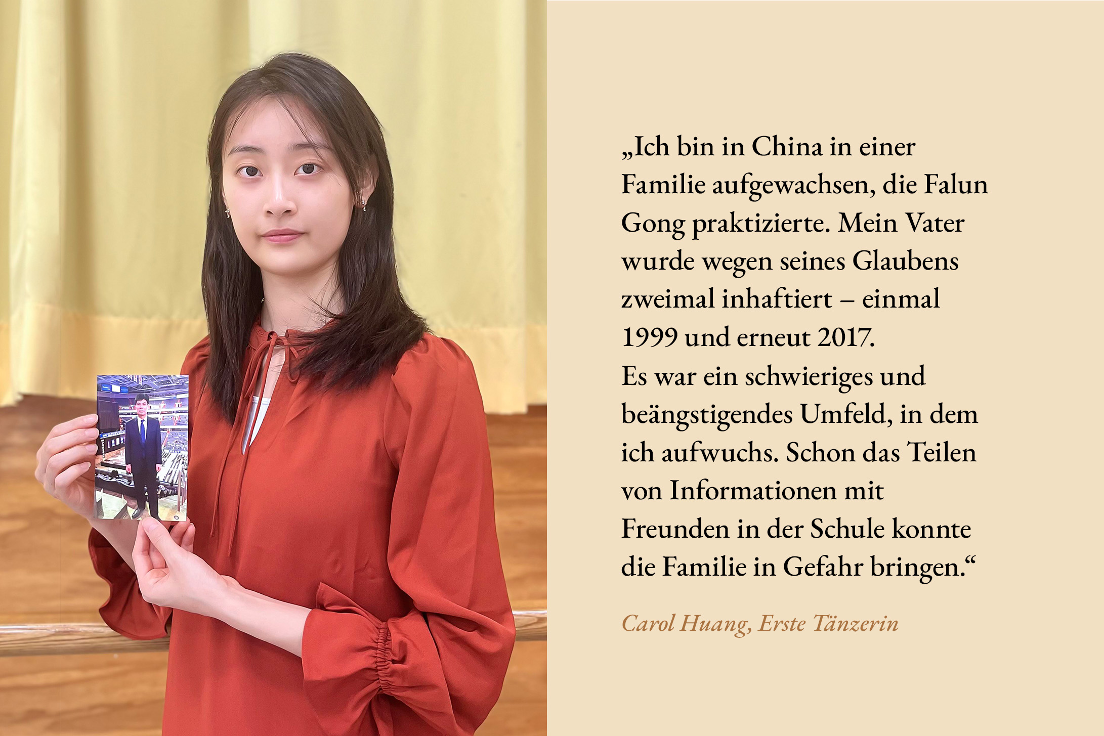 In eigenen Worten: <a target='_blank' href='https://www.shenyuncommunity.org/post/carol-huang'>Lesen Sie hier die Geschichte der Ersten Tänzerin Carol Huang.</a>