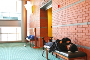 Dancers catching some z's between a matinee and a night show in France, 2010. (Sebastien Chun)