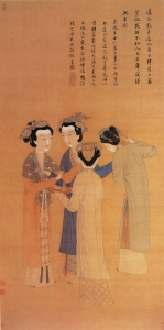 Former Shu Dynasty painting: A depiction of court ladies by painter Tang Yin (1470-1524). Note the elaborate decorations on the ladies&rsquo; hair, in comparison to the more modest styles of their servants. These were probably married women of a large household.