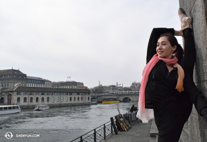 The next day, Principal Dancer Miranda Zhou-Galati stretches and takes in the fresh air on the theater balcony. (photo by dancer Diana Teng)