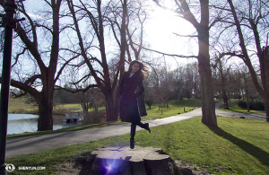 Dancer Linjie Huang levitating in Leeds. (photo by dancer Lois Kuang)