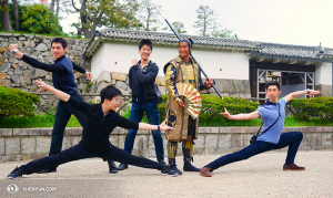 Posing with the samurai at Nagoya Castle, from left: Jason Pan, Zack Chan, Rubi Zhang, samurai guy, Joe Hang. (photo by dancer Ben Chen)