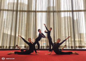 Dancers pose in the lobby of the Place Des Arts in Montreal. (photo by projectionist Annie Li)
