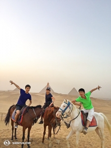 Possibly the most adventurous of Shen Yun’s vacationers, dancers (from left) Alvin Song, Alex Chun, and Ben Chen journeyed to the Middle East, starting with Egypt’s Pyramids of Giza.