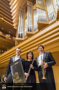 From left: Principal clarinet, flute, and trumpet players Yevgeniy Reznik, Chia-Jung Lee, and Eric Robins. (photo by TK Kuo)

