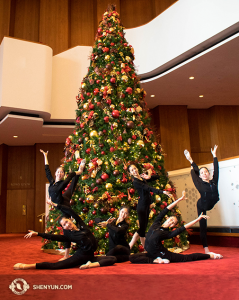 In de eerste week van de tour is het meestal kerstmis. Hier in Houston, verfraaien een paar danseressen de kerstboom. (Foto door filmoperateur Annie Li)
