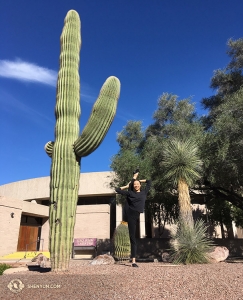 … e infine, in Arizona, la danzatrice principale Chelsea Cai della Shen Yun International Company si prepara per le esibizioni a Tucson, Phoenix e Mesa con un po’ di stretching supplementare (foto di Annie Li)