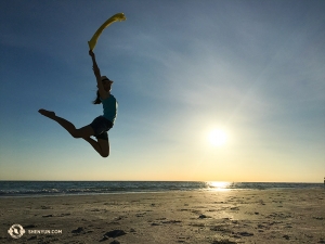 Others enjoyed the beaches of Florida…. Pictured is projectionist Regina Dong in Longboat Key, Florida.  