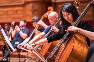 Double bass players in perfect sync.
