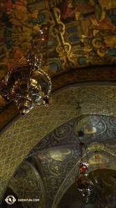 Golgotha, just inside the Church of the Holy Sepulcher. After climbing a set of steep steps to a false floor you get a close view of the ceiling. This site includes the crucifixion site at top of Golgotha Hill. (Photo by Tiffany Yu)