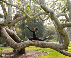 Blending in with the natural curves of the trees outside the theater in Claremont, dancer Liz Lu takes a few minutes to herself before one of five scheduled performances. (Photo by Stephanie Guo)