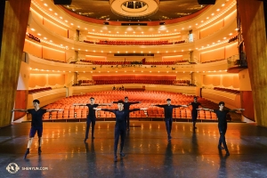 Meanwhile, Shen Yun World Company dancers in San Luis Obispo, California rehearse together to familiarize themselves with the stage of the Performing Arts Center. (Photo by dancer Jeff Chuang)