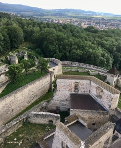 Looking down at the ruins of Trenčín Castle's fortifications from Matúš Tower. The castle, which dates back to Roman times, houses a museum of the region's history and is a National Culture Monument of Slovakia.
