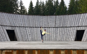 Betty dances on the stage of an open-air theater in the Tatras Mountains. The biggest folk festival in the Orava region of northern Slovakia, the Podroháčsky Folklore Festival, is held here every summer.

