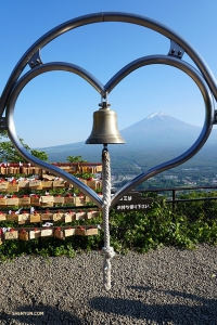 Another view of Mt. Fuji, at the top of Tenjo Mountain. A local myth holds that if you make a wish while ringing this bell and looking through the heart at Mt. Fuji, your wish will come true.