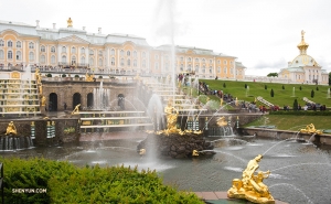 The gardens of Peterhof Palace in St. Petersburg, Russia contain over 200 statues and 144 fountains on 500 acres of land. The Grand Cascade of fountains leading up the palace steps includes 64 fountains alone.