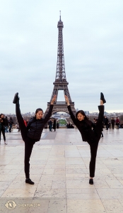 Dancers Kexin Li (left) and Olivia Zhang augment the Eiffel Tower. (Photo by Tiffany Yu)