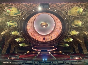Now jumping to the Wang Theatre in Boston, MA, Principal Dancer Angelia Wang captures a shot of the majestic ceiling murals before a performance.
