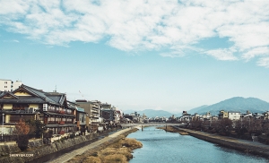 Heading out for another day of exploring, dancer Michelle Wu captures the river scenery adjacent to Kyoto&rsquo;s Gion Station.