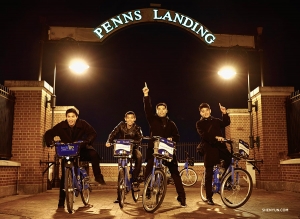From left: dancers Eric Lam, Xinghao Che, Sam Pu and William Li go on a bike adventure along the Delaware River.