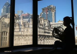 French horn player Chi-Chien Weng rehearsing before one of 25 performances in Philly. Check back later to see where we go in our next photo album! (Photo by Yu Lian)<p>&nbsp;</p>