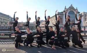 Shen Yun International Company dancers pose in front of the Batiment des Forces Motrices theater in Geneva, Switzerland. (Photo by dancer Kexin Li)