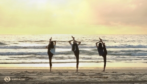 It&rsquo;s the last day of the Aussie leg of tour and dancers get up early to do one final stretch while watching the sunrise on the beach. (Photo by projectionist Regina Dong)