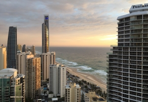 A 5 a.m. fire alarm forces lighting engineer Benny Chan out of his bed in Gold Coast, Australia. Witnessing the sunrise over the city is not the worst way to start a double-performance day!