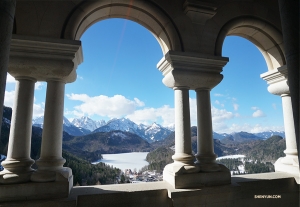 A stunning view of the Bavarian Alps from the castle terrace.