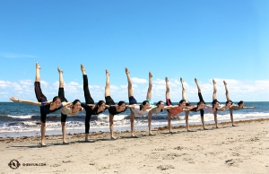 The waters of Dania Beach in Fort Lauderdale, Florida are too rough to swim in today, so Shen Yun Global Company dancers provide a protective barrier. (Photo by dancer Megan Li)
