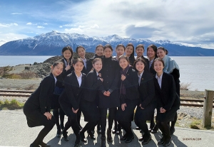 Dancers use the impressive Alaskan landscape as background for a group photo. It’s still a little chilly.
