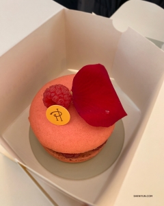 The winner is a pretty raspberry macaron. The raspberry on top makes it count as a fruit serving, right? 