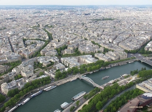 From the other side of the Eiffel Tower, a view of River Seine. See if you can spot the Arc de Triomphe.