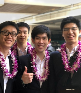 Dancers (from left) Jun Liang, Jeff Chuang, Rui Suzuki, and Antony Kuo&mdash;is it obvious they&rsquo;re glad Hawaii is on their tour?