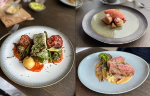 ロフォーテンのハトヴィカ・ロッジの特別料理：ノルウェイのラム肉、オヒョウヒラメ、いちごのケーキ。